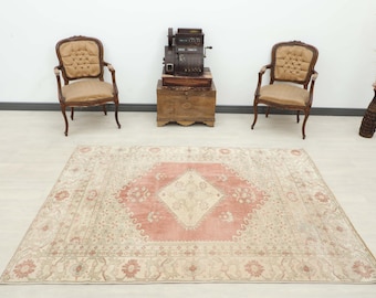 5x7 Vintage Turkish Oushak Rug: Red & Beige Wool Carpet