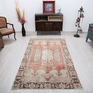 4x8 Bohemian Red Rug, 4x8 Turkish Rug, 4x8 Vintage Rug, Oushak Rug, Faded Rug, Boho Chic Rug, Anatolian Rug, Bathroom Rug, 4x8 Decor Rug