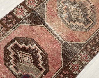 100x230 türkischer Teppichläufer: Vintage Oushak Flur, Verblasstes Rot & Beige
