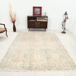 7x9 Beige Antique Rug, 7x9 Turkish Rug, Vintage Blue Rug,Area Rug, 7x9 Four Living Room Rug, Interior Designer Rug, Wool Handwoven Area Rug