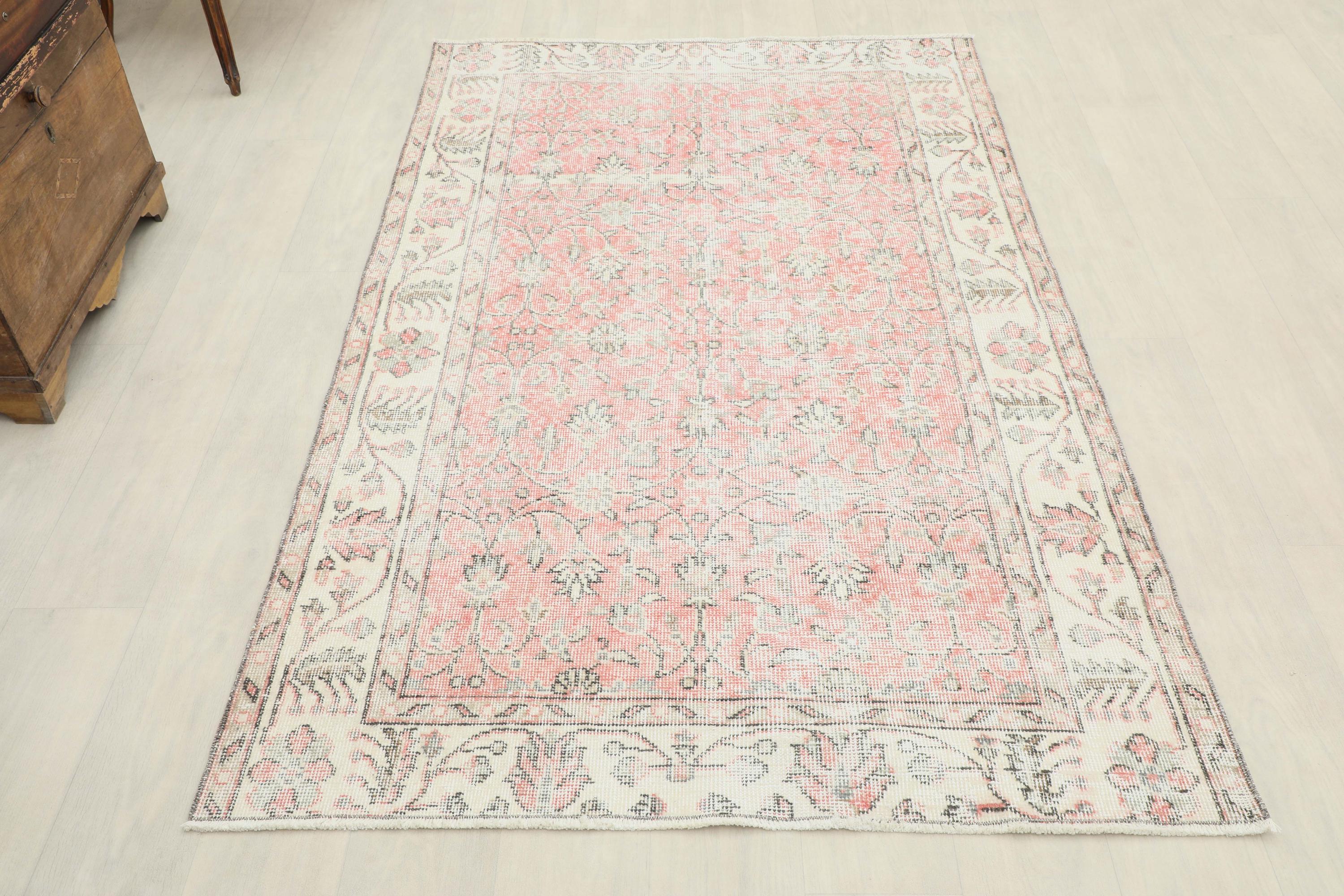 4x7 Ft Vintage Turkish Rug, Vibrant Coral Rose Pink Allover
