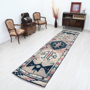 3x12 Runner Rug, Handmade Wool Rug, 3x12 Turkish Runner, Decor Rug, 3x12 Vintage Runner, Faded Rug, 3x12 Oushak Rug, Eclectic Rug,Beige,Blue