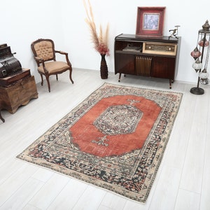 5x7 Rug, 5x7 Turkish Rug, 5x7 Vintage Rug, Living Room Rug, Handmade Rug, Faded Rug, Bohemian Rug, 5x7 Oushak Rug, Beige, Red, Rug, 5x7