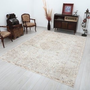 7x9 Beige Brown Rug, Unique Rug, 7x9 Turkish Rug, 7x9 Vintage Rug, Boho Style Rug, Faded Rug, 7x9 Area Wool Rug, Oushak Rug,Living Room Rug