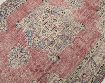 Alfombra turca vintage roja de 7x10, alfombra Oushak de Anatolia, mezcla de algodón y lana