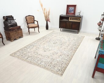 6x9 Ft Turkish Vintage Area Rug | Faded Beige Gray Wool Living Room Carpet | Distressed Bohemian Home Decor