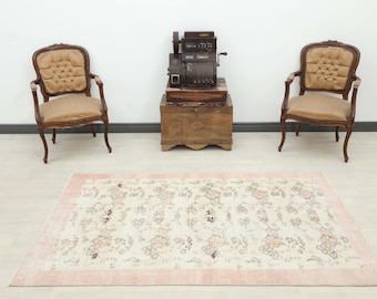 Handmade 4x6 Turkish Rug: Vintage Anatolian Oushak, Beige Cotton Wool