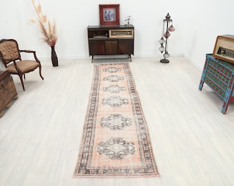 Handmade Orange Wool Runner Rug, Vintage Turkish Oushak, 3x11