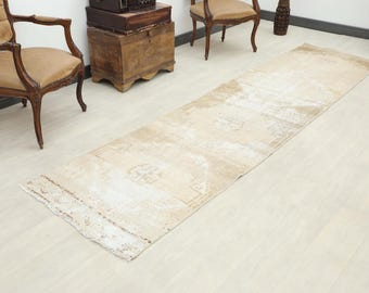 3x11 Beige Brown Vintage Turkish Runner Rug: Boho Hallway Rug