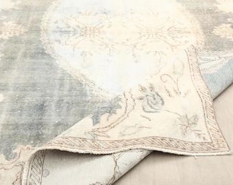 5x8 ft faded blue Turkish area rug | distressed medallion wool bohemian living room carpet | vintage Anatolian decor
