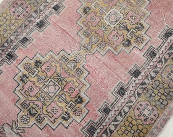 100 x 250 Rosa Vintage Teppich, 100 x 250 Schwarzer Türkischer Teppich, Handgewebter Teppich, Gelber Teppich mit Blumenmuster, Handgewebter Teppich