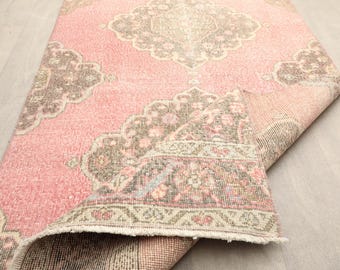 3x12 ft vintage Turkish runner rug | faded dusty pink medallion wool hallway carpet | bohemian entryway decor
