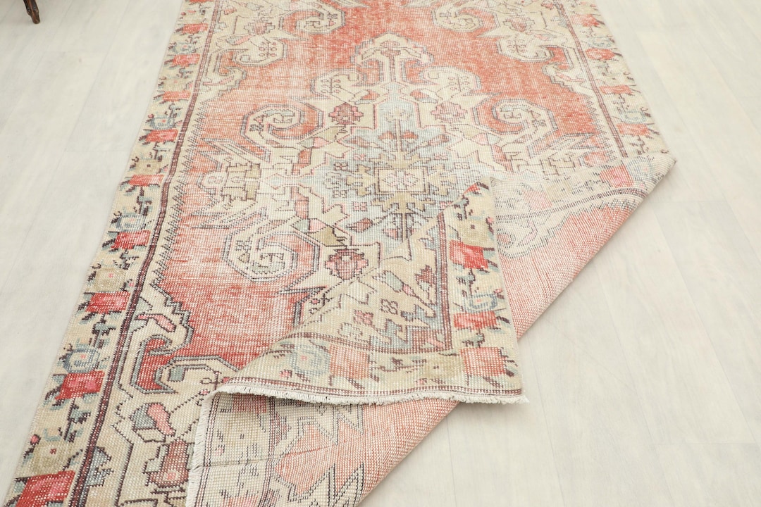 4x7 Ft Red Beige Turkish Oushak Rug: Vintage Handwoven Wool Area Rug - Etsy