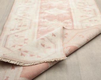 2x9 ft Turkish vintage runner rug | faded beige muted pink minimal geometric wool hallway | bohemian eclectic decor