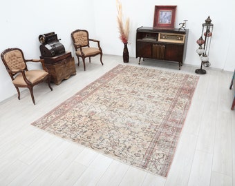 Alfombra de lana beige y marrón de 6x9 hecha a mano: estilo vintage Oushak
