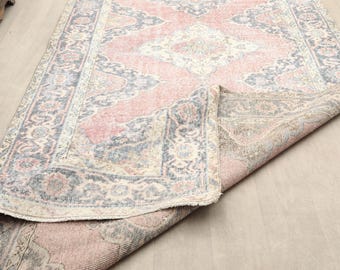 5x13 ft Turkish vintage runner rug | faded dusty rose medallion wool hallway entryway | bohemian distressed Anatolian decor