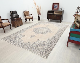 Faded Beige Turkish Area Rug — 7x11 Ft | Hand-knotted Wool Vintage Living Room Decor | Muted Traditional Living Room Carpet