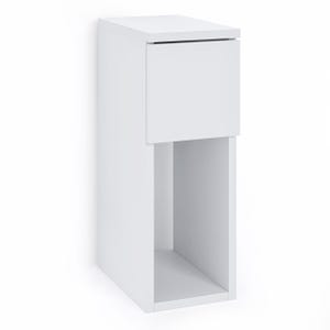 Puede incluir: Una mesita de noche o mesa auxiliar blanca y moderna, con un caj&oacute;n y una estanter&iacute;a abierta. El dise&ntilde;o minimalista presenta l&iacute;neas limpias y una forma rectangular, ideal para espacios peque&ntilde;os. La unidad est&aacute; montada en la pared.