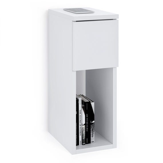 ComfortCove Narrow Bedside Table with Drawer, Slim Nightstand for Small Spaces, Modern Side Table with Shelf, Black or White, 20x55 cm