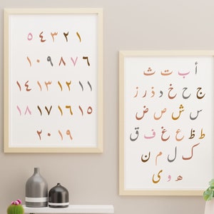 Dos carteles de la letra y el número árabe, decoración habitación infantil, impresión digital, Nurcey, Letras árabes, Números árabes Digital A4, A5