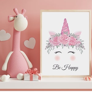 Unicorn Print, Be Happy Unicorn Printable, Girls Room Decor, Unicorn Decor, Unicorn Wall Art, Playroom Wall Art, Unicorn, DIGITAL DOWNLOAD