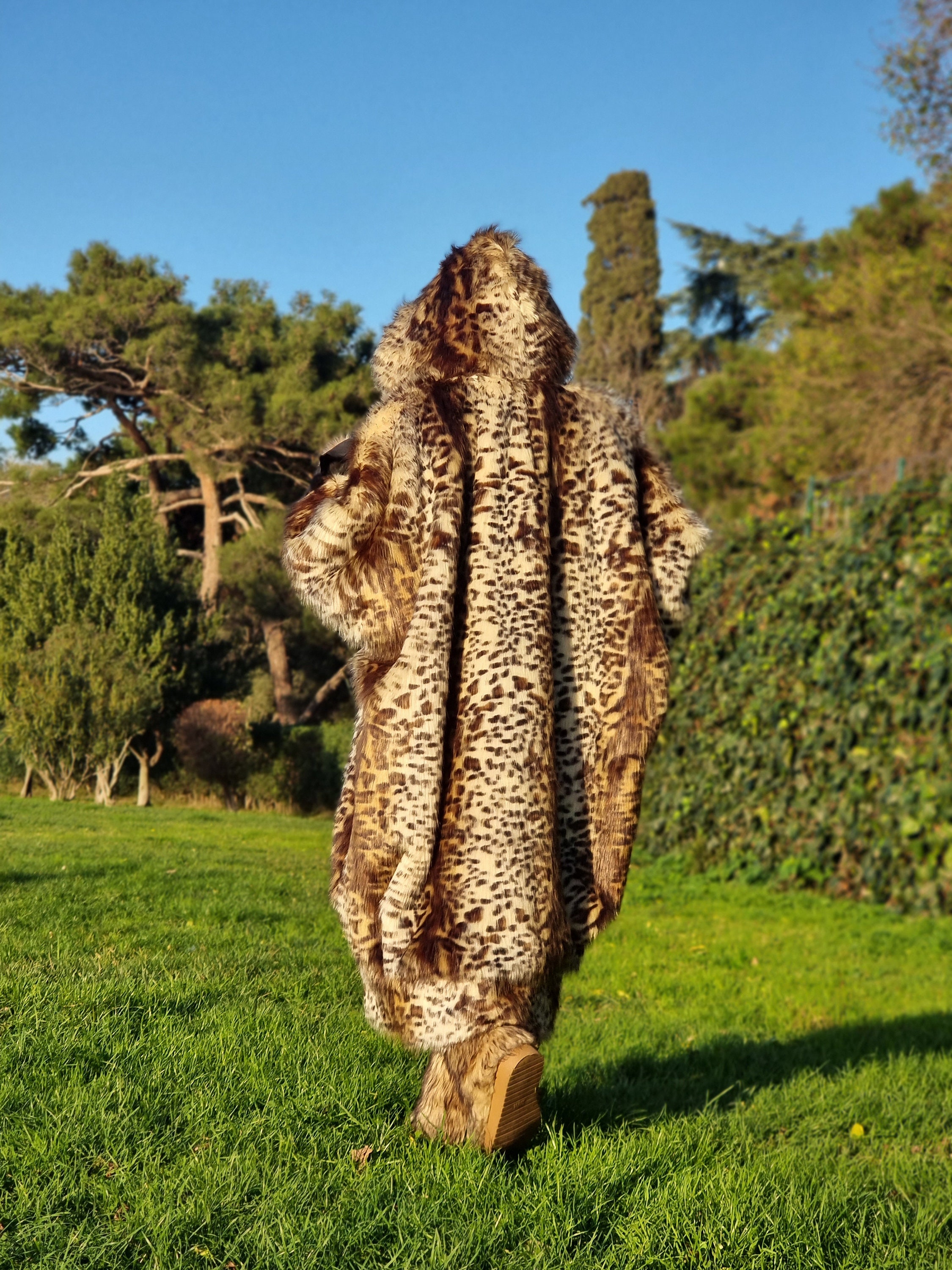 Leopard print fur coat with hood hot sale