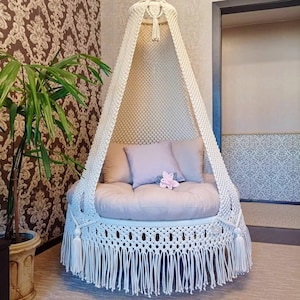 macrame swing chair, macrame swing, hanging chair, macrame hanging chair, egg chair, swing chair, macrame chair, macrame swing with cushion