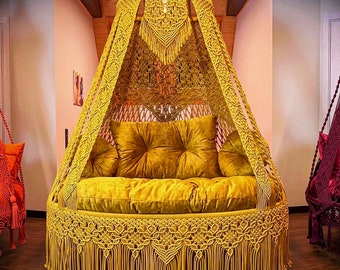 Golden Macrame Swing Macrame Swing Chair, Macrame Swing, Macrame handmade Swing, Hammock, Indoor Swing, Hanging Chair, Macrame swing chair