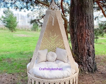 Beige Macrame Swing, Macrame Round Swing, Macrame Swing Chair, handmade Swing, Hammock, Outdoor Indoor Swing, Hanging Chair, Swing