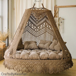 Beige Makramee Doppelsitz Schaukel, Makramee Schaukel Stuhl, Makramee Bett, Hängematte Schaukel, Hängebett Makramee Schaukel, Luxuriöse Schaukel, Makramee Schaukel