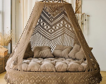 Beige Macrame Dubbele zit Schommel, Macrame Schommelstoel, Macrame bed, Hangmat Schommel, Hangbed Macrame Schommel, Luxe Schommel, Macrame Schommel