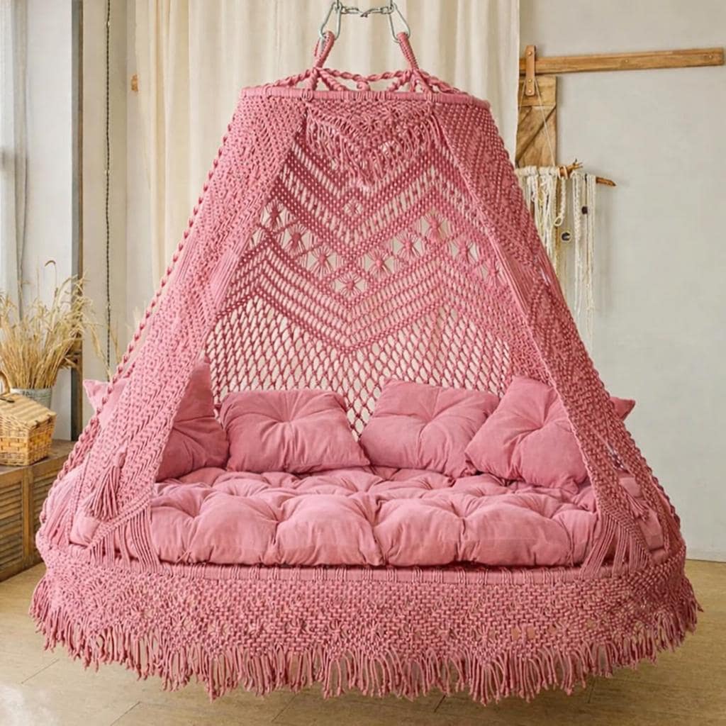 Beige Macrame Double Seat Swing, Macrame Swing Chair, Macrame Bed