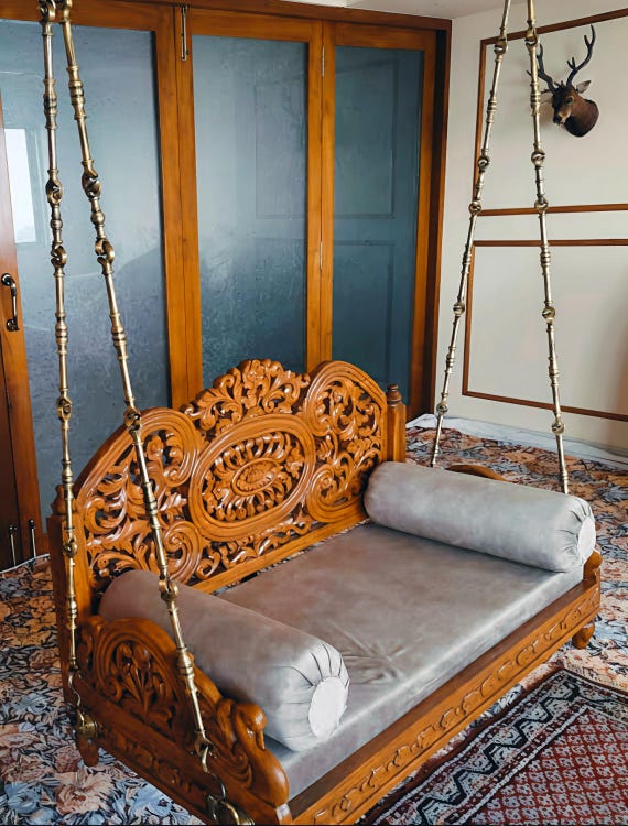Jhula, Oonjal, Wooden Swing, Teak Wood Swing With Brass Chain