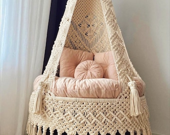 Beige Macrame Swing Chair, Macrame Round Swing, Macrame Swing Chair, Macrame handmade Swing, Hammock, Outdoor Indoor Swing, Hanging Chair