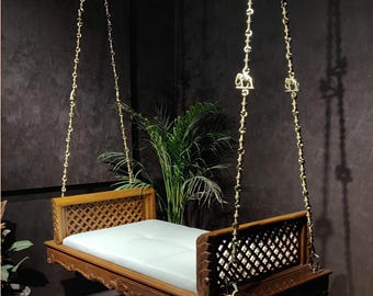 Jhula, oonjal, Wooden swing, Teak Wood swing with Brass chain, Handmade wooden swing with Brass chain, wooden ceiling with brass chain juhla