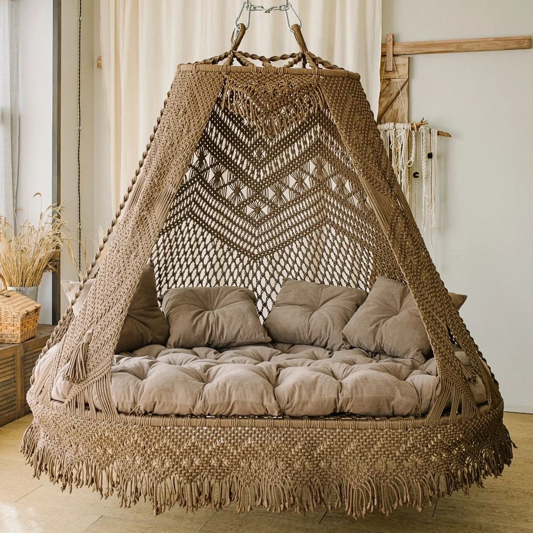 Beige Macrame Double Seat Swing, Macrame Swing Chair, Macrame Bed