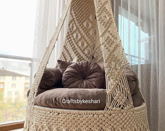 Beige Macrame Swing Chair, Macrame Round Swing, Macrame Swing Chair, Macrame handmade Swing, Hammock, Outdoor Indoor Swing, Hanging Chair