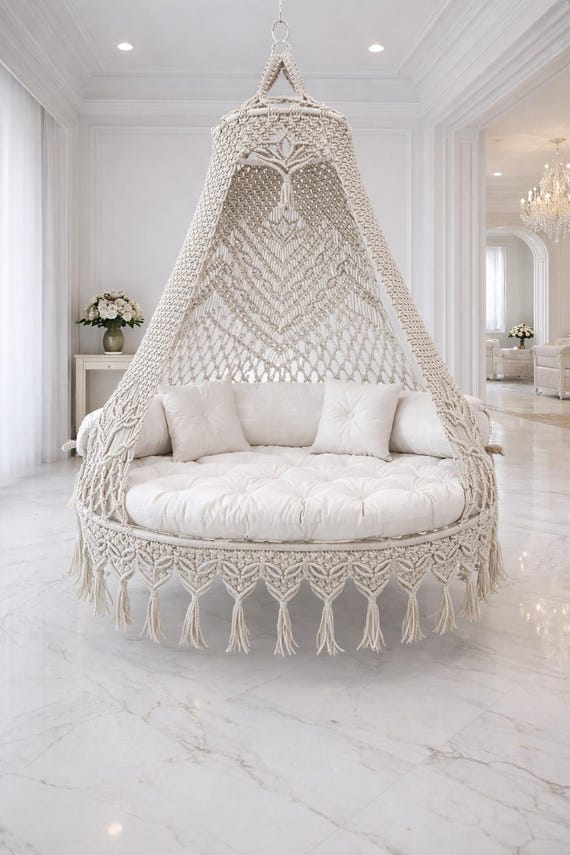 White Macrame Double Seat Swing, Macrame Swing Chair, Macrame Bed