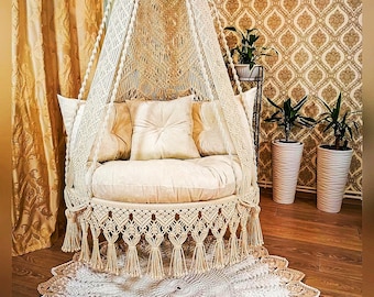 Luxury Macrame Swing, Macrame Round Swing, Macrame Swing Chair, handmade Swing, Hammock, Outdoor Indoor Swing, Hanging Chair, Swing