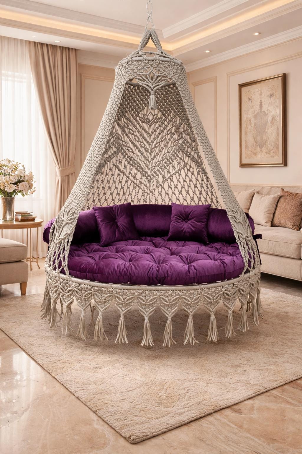 White Macrame Double Seat Swing, Macrame Swing Chair, Macrame Bed