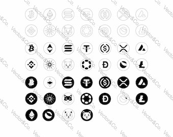 Puede incluir: Iconos en blanco y negro de varias criptomonedas, incluyendo Bitcoin, Ethereum, Tether y Litecoin, dispuestos en un patrón circular.