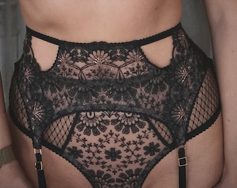 Opulent Noire Garter-belt embroidered  lingerie made to order