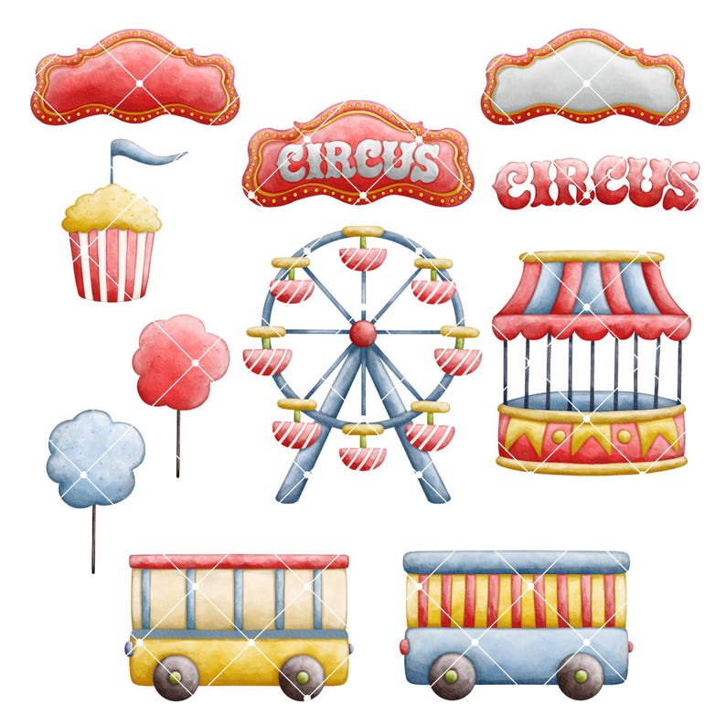 Watercolor Circus Clipart Set | Carnival PNG | Clowns, Tent, Ferris ...