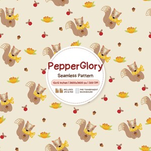 May include: A seamless pattern featuring brown squirrels wearing yellow scarves and holding acorns, interspersed with red berries, yellow flowers, and small brown acorns on a cream background. The text PepperGlory Seamless Pattern 12x12 inches is visible.