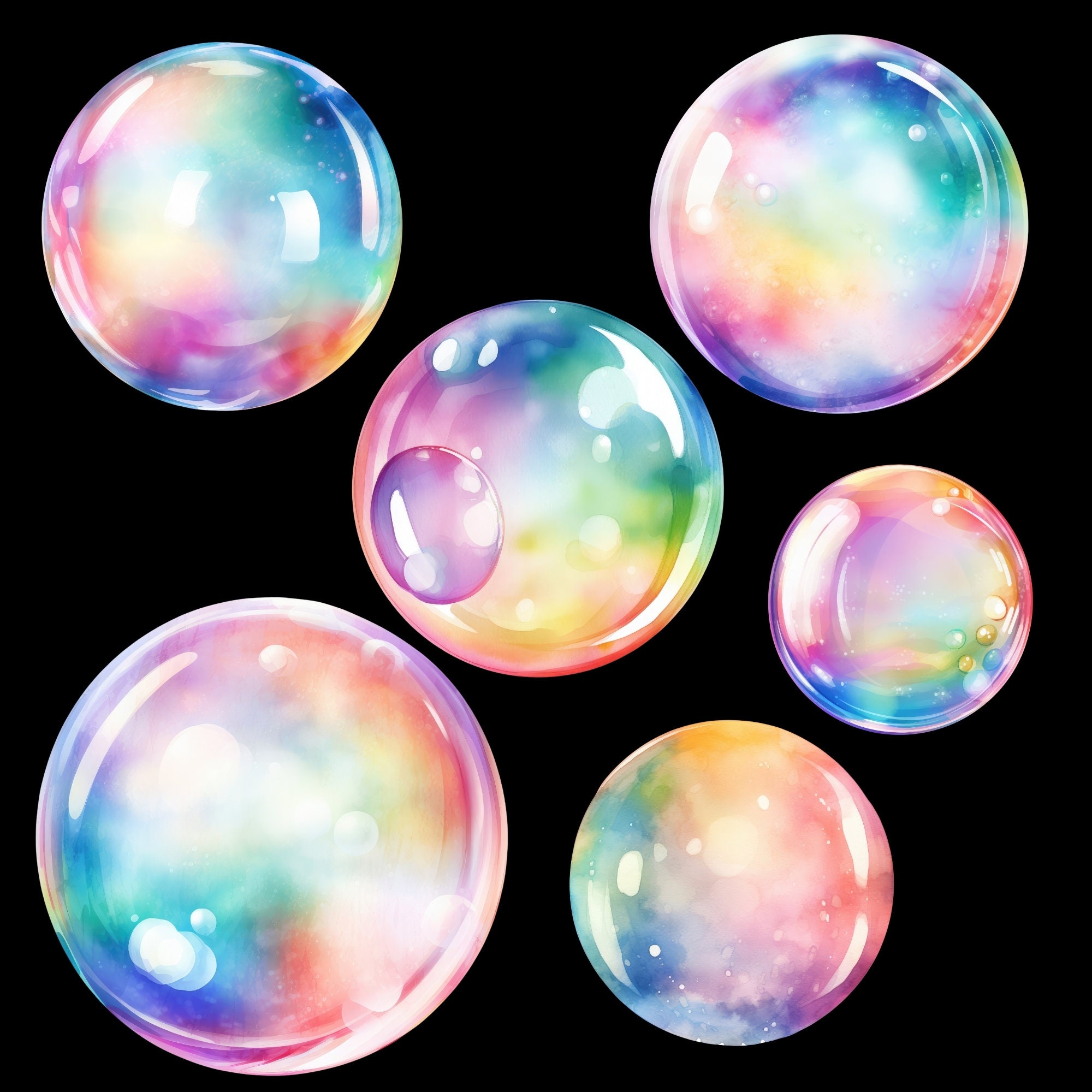 Watercolor Iridescent Pastel Rainbow Bubble Clipart, Colorful