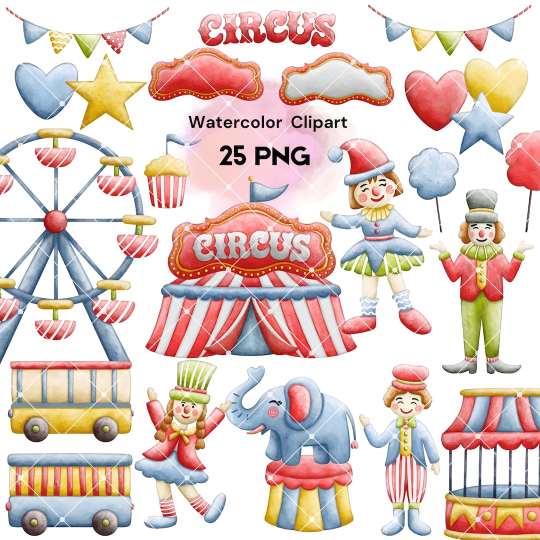Watercolor Circus Clipart Set | Carnival PNG | Clowns, Tent, Ferris ...