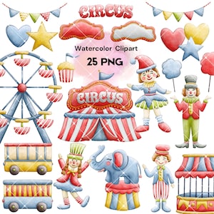 Watercolor Circus Clipart Set | Carnival PNG | Clowns, Tent, Ferris Wheel, Elephant | Festival Event Decor | Hand-Drawn, Instant Download