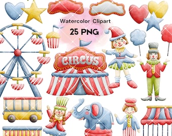 Watercolor Circus Clipart Set | Carnival PNG | Clowns, Tent, Ferris Wheel, Elephant | Festival Event Decor | Hand-Drawn, Instant Download