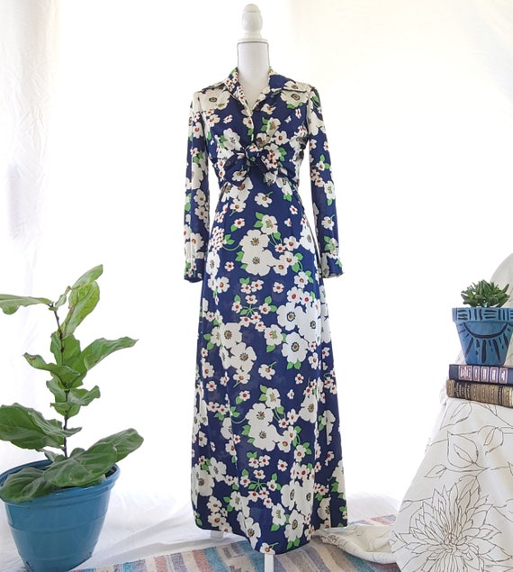 70s Blue Floral Maxi Dress with Matching Blouse V… - image 1