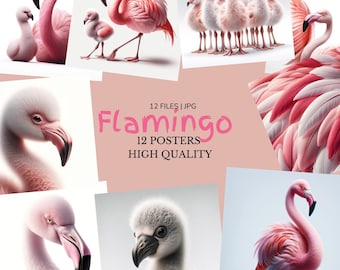 Set van 12 digitale prints, Flamingo Artwork, Tropische Vogelprint, Roze Flamingo Digitaal, Op de natuur geïnspireerd wanddecor, Kleurrijk Flamingo Design